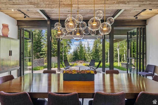 2505 W White Pine Ln, Park City, UT 84060 - dining room with rail lighting, a wood ceiling with exposed beams, and a wall of windows