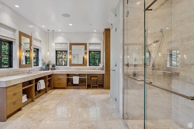 2505 W White Pine Ln, Park City, UT 84060 - full bath featuring double vanity, plenty of natural light, a shower stall, marble finish floors, and recessed lighting