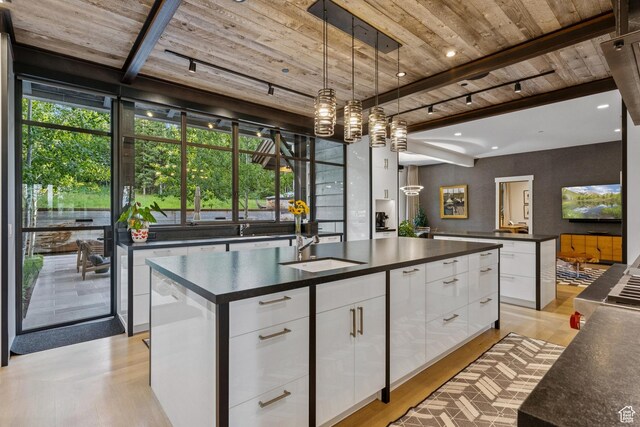 2505 W White Pine Ln, Park City, UT 84060 - kitchen featuring dark countertops, wooden ceiling, modern cabinets, white cabinets, and a kitchen island with sink