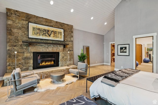 2505 W White Pine Ln, Park City, UT 84060 - bedroom featuring high vaulted ceiling, wooden ceiling, a fireplace, and recessed lighting