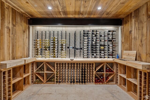 2505 W White Pine Ln, Park City, UT 84060 - wine room featuring wood ceiling, wood walls, and recessed lighting