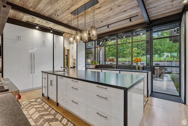 2505 W White Pine Ln, Park City, UT 84060 - kitchen with wooden ceiling, dark countertops, light wood-type flooring, modern cabinets, and track lighting