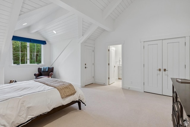 2505 W White Pine Ln, Park City, UT 84060 - bedroom with light carpet, wooden ceiling, and ensuite bathroom