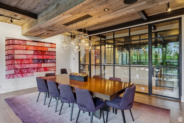 2505 W White Pine Ln, Park City, UT 84060 - dining room featuring a wooden ceiling with exposed beams, wood finished floors, and a chandelier