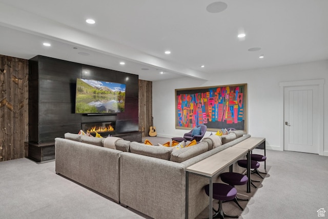 2505 W White Pine Ln, Park City, UT 84060 - living room featuring light colored carpet, recessed lighting, beamed ceiling, and a glass covered fireplace