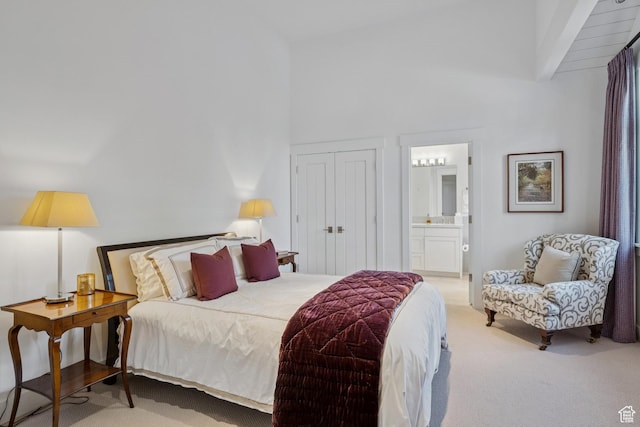 2505 W White Pine Ln, Park City, UT 84060 - bedroom with carpet flooring, ensuite bath, high vaulted ceiling, and a closet