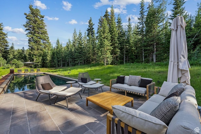 2505 W White Pine Ln, Park City, UT 84060 - view of patio / terrace featuring an outdoor living space, a view of trees, and an outdoor pool