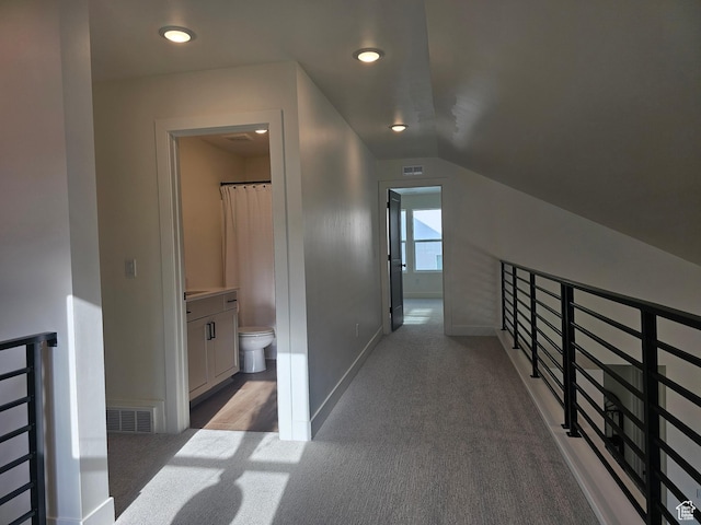 964 E 50 S, Santaquin, UT 84655 - hallway with carpet flooring, vaulted ceiling, an upstairs landing, and recessed lighting