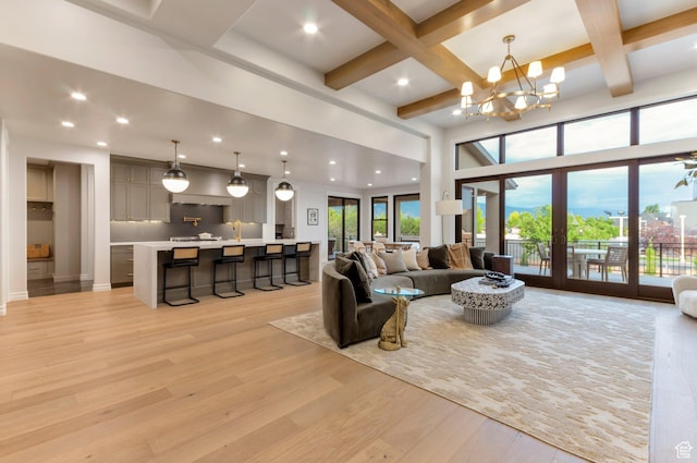 1649 W Pheasant Meadow Dr, Kaysville, UT 84037 - living area with a chandelier, light wood finished floors, beam ceiling, recessed lighting, and coffered ceiling