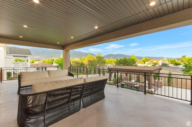 1649 W Pheasant Meadow Dr, Kaysville, UT 84037 - view of patio with an outdoor hangout area and a mountain view