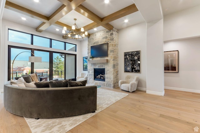 1649 W Pheasant Meadow Dr, Kaysville, UT 84037 - living area with wood finished floors, a fireplace, a chandelier, coffered ceiling, and beam ceiling