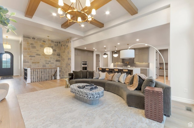 1649 W Pheasant Meadow Dr, Kaysville, UT 84037 - living room featuring light wood-style floors, beamed ceiling, recessed lighting, and a chandelier