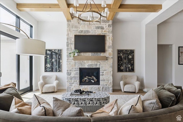 1649 W Pheasant Meadow Dr, Kaysville, UT 84037 - living room with a chandelier, wood finished floors, beam ceiling, coffered ceiling, and a stone fireplace