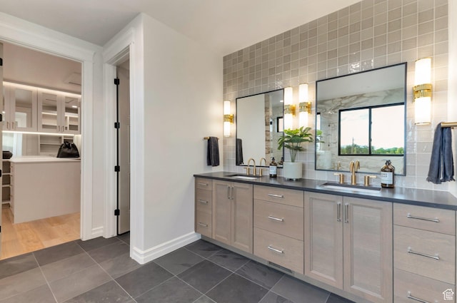 1649 W Pheasant Meadow Dr, Kaysville, UT 84037 - bathroom with double vanity, tile patterned flooring, and decorative backsplash