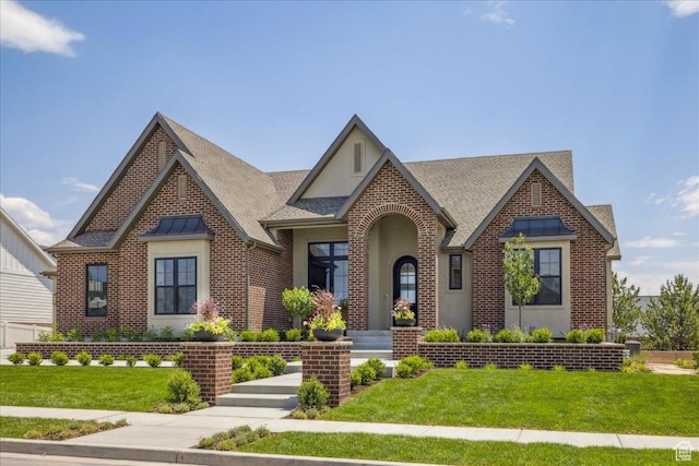1649 W Pheasant Meadow Dr, Kaysville, UT 84037 - tudor home with brick siding, roof with shingles, a front yard, and stucco siding