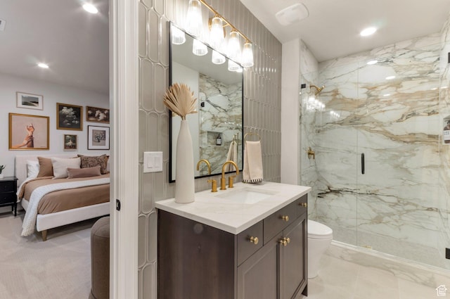 1649 W Pheasant Meadow Dr, Kaysville, UT 84037 - ensuite bathroom with a marble finish shower, vanity, and recessed lighting