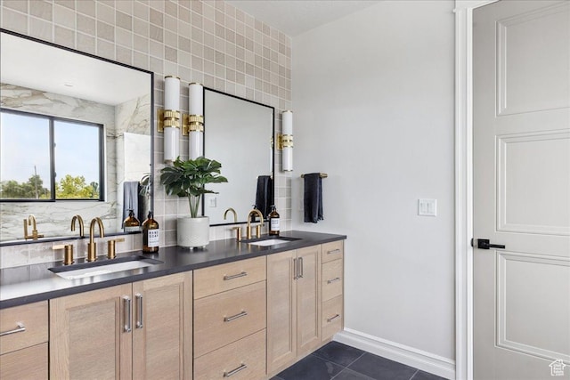 1649 W Pheasant Meadow Dr, Kaysville, UT 84037 - bathroom featuring double vanity, tasteful backsplash, and tile patterned floors