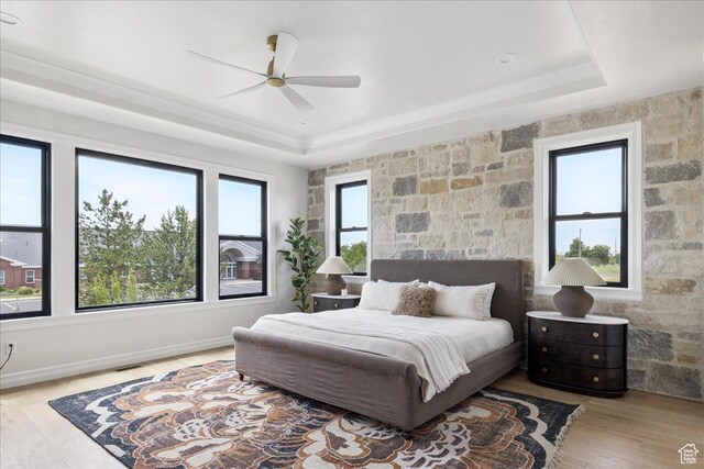 1649 W Pheasant Meadow Dr, Kaysville, UT 84037 - bedroom featuring a raised ceiling, wood finished floors, and ceiling fan