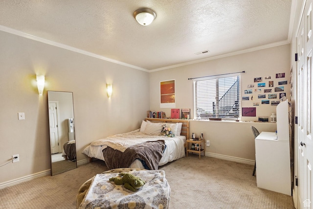 2151 E Village Vista Dr, Draper, UT 84020 - bedroom with light colored carpet, ornamental molding, and a textured ceiling