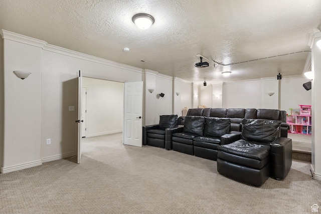 2151 E Village Vista Dr, Draper, UT 84020 - home theater room with light colored carpet, a textured ceiling, and ornamental molding
