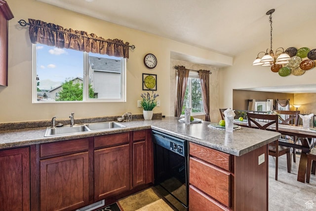2188 N 2270 W, Lehi, UT 84043 - kitchen featuring black dishwasher, a peninsula, a chandelier, and decorative light fixtures