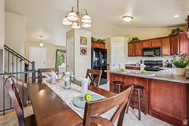 2188 N 2270 W, Lehi, UT 84043 - dining room with vaulted ceiling, a chandelier, and stairway