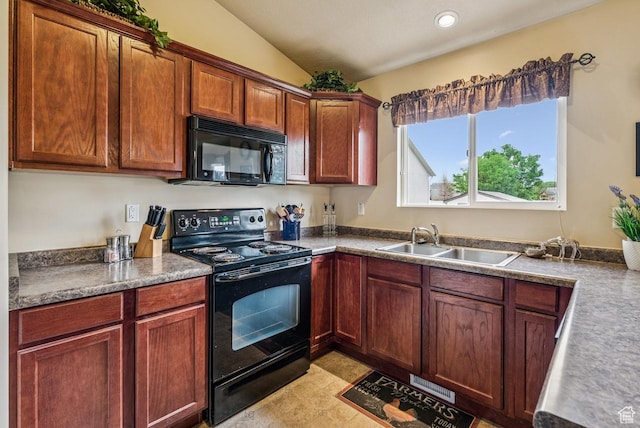 2188 N 2270 W, Lehi, UT 84043 - kitchen featuring black appliances, lofted ceiling, and recessed lighting