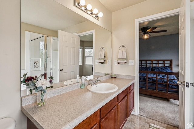 2188 N 2270 W, Lehi, UT 84043 - ensuite bathroom with vanity, a ceiling fan, and a shower with door