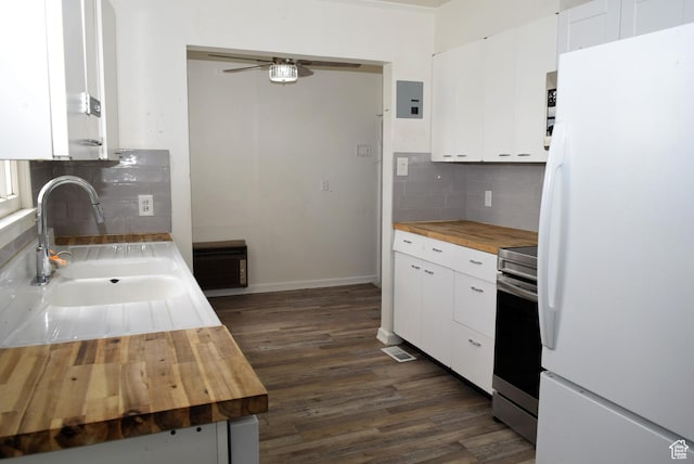 519 Edgehill Pl, East Carbon, UT 84520 - kitchen with freestanding refrigerator, butcher block counters, stainless steel electric range oven, tasteful backsplash, and a ceiling fan