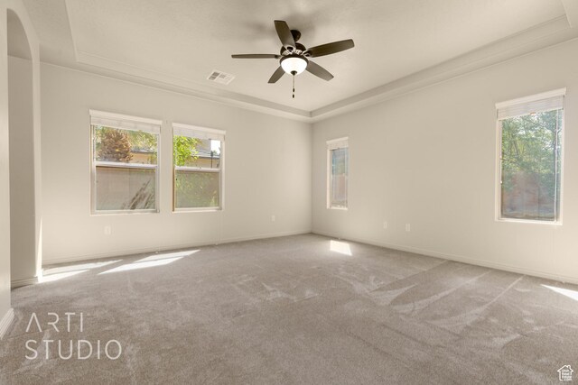 2866 E Carmine Dr, St George, UT 84790 - empty room with carpet floors, a raised ceiling, ceiling fan, and arched walkways