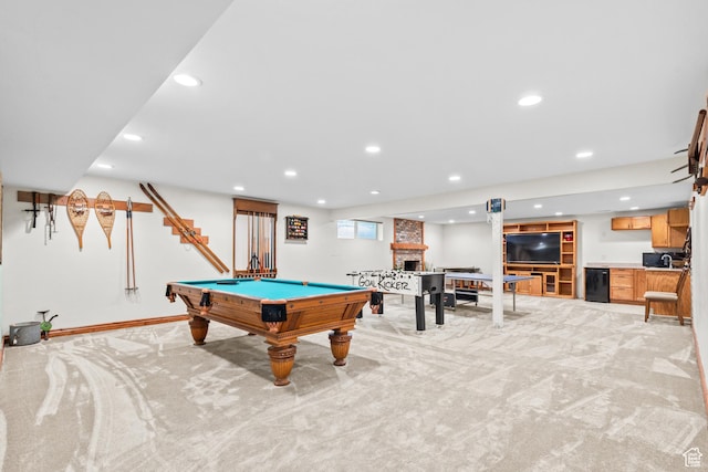 3020 Cherokee Ln, Provo, UT 84604 - game room featuring light colored carpet, billiards, recessed lighting, bar with sink, and a brick fireplace
