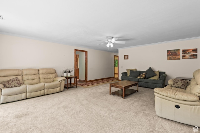 3020 Cherokee Ln, Provo, UT 84604 - living room with light colored carpet, ceiling fan, and crown molding
