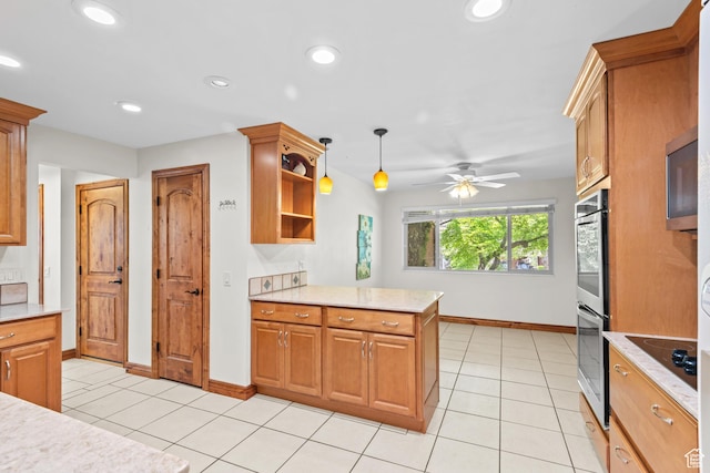 3020 Cherokee Ln, Provo, UT 84604 - kitchen featuring appliances with stainless steel finishes, light tile patterned floors, open shelves, ceiling fan, and a peninsula