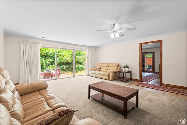 3020 Cherokee Ln, Provo, UT 84604 - carpeted living room featuring a ceiling fan, ornamental molding, and tile patterned flooring
