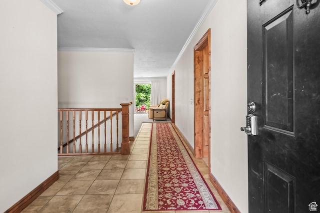 3020 Cherokee Ln, Provo, UT 84604 - hallway featuring an upstairs landing, crown molding, and tile patterned flooring