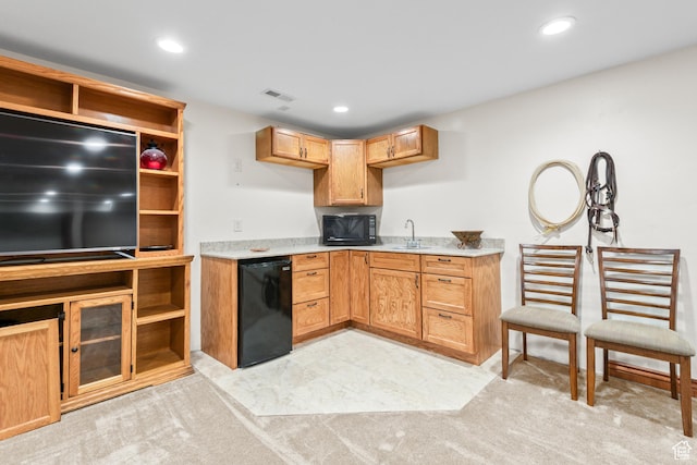 3020 Cherokee Ln, Provo, UT 84604 - kitchen featuring fridge, black microwave, light countertops, recessed lighting, and open shelves