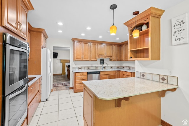 3020 Cherokee Ln, Provo, UT 84604 - kitchen with a peninsula, appliances with stainless steel finishes, open shelves, recessed lighting, and pendant lighting