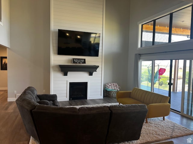 2346 Lake Cir, Preston, ID 83263 - living area with wood finished floors, a fireplace, and a towering ceiling