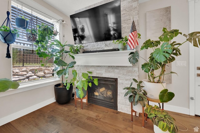 10376 S Beetdigger Blvd, Sandy, UT 84070 - living area featuring a glass covered fireplace and wood finished floors