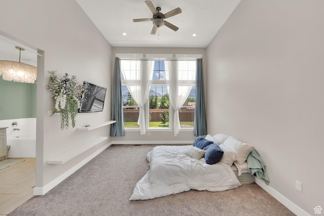 10376 S Beetdigger Blvd, Sandy, UT 84070 - bedroom featuring carpet, connected bathroom, recessed lighting, and ceiling fan