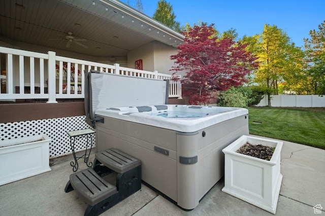 10025 Silver Streak Dr, South Jordan, UT 84095 - view of patio featuring a hot tub and ceiling fan