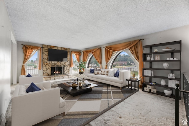 8614 S Buena Vista Dr E, Sandy, UT 84094 - living room with a textured ceiling, a stone fireplace, and carpet