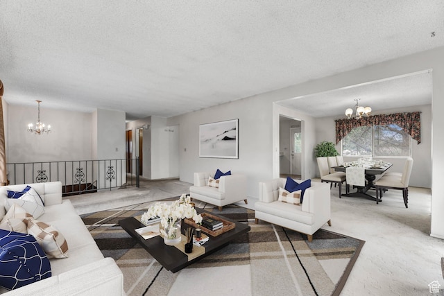 8614 S Buena Vista Dr E, Sandy, UT 84094 - carpeted living room featuring a chandelier and a textured ceiling