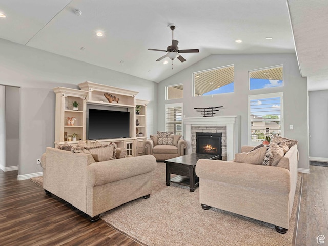 3552 S 5250 W Unit 13, Hooper, UT 84315 - living room with a ceiling fan, dark wood-type flooring, a stone fireplace, healthy amount of natural light, and recessed lighting