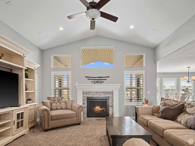 3552 S 5250 W Unit 13, Hooper, UT 84315 - living room featuring ceiling fan, a stone fireplace, light carpet, lofted ceiling, and recessed lighting