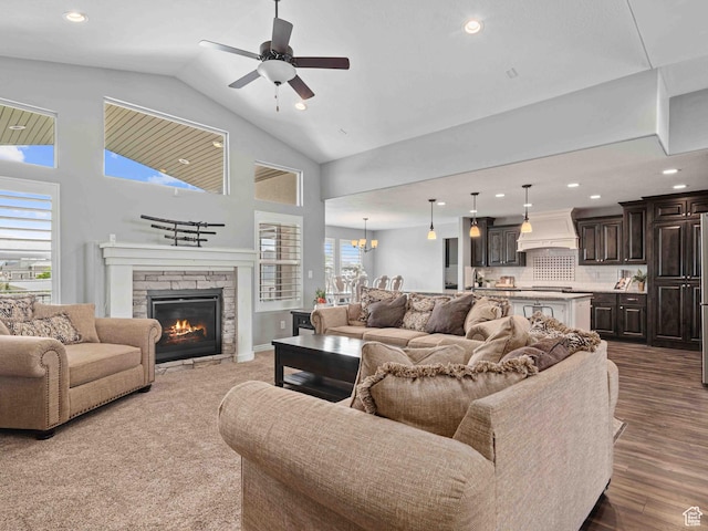 3552 S 5250 W Unit 13, Hooper, UT 84315 - living area featuring a ceiling fan, recessed lighting, wood finished floors, a fireplace, and plenty of natural light