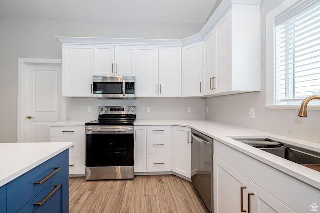318 E 290 N, Preston, ID 83263 - kitchen with appliances with stainless steel finishes, blue cabinets, light countertops, and white cabinets