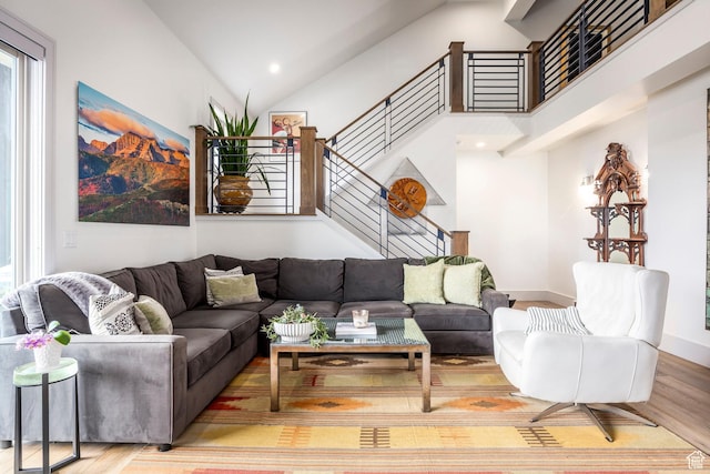 538 W Heritage Way, Heber City, UT 84032 - living area with wood finished floors, stairway, high vaulted ceiling, and recessed lighting