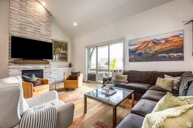 538 W Heritage Way, Heber City, UT 84032 - living area with high vaulted ceiling, light wood-type flooring, recessed lighting, and a fireplace