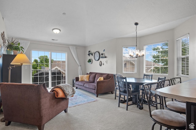141 W Suncrest Ln, Saratoga Springs, UT 84045 - carpeted living room with a chandelier and a textured ceiling